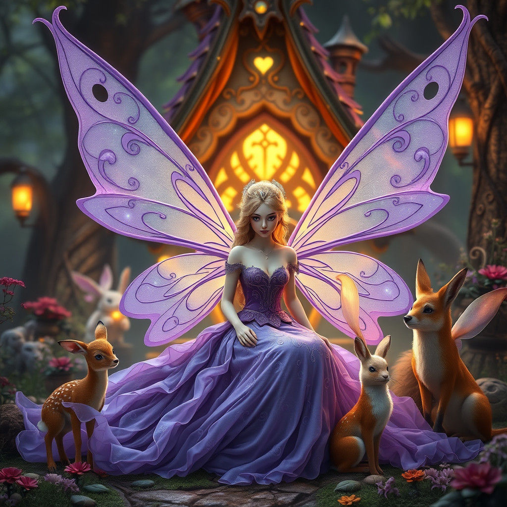 Lady Fairy in Purple Gown with Fairy Animals