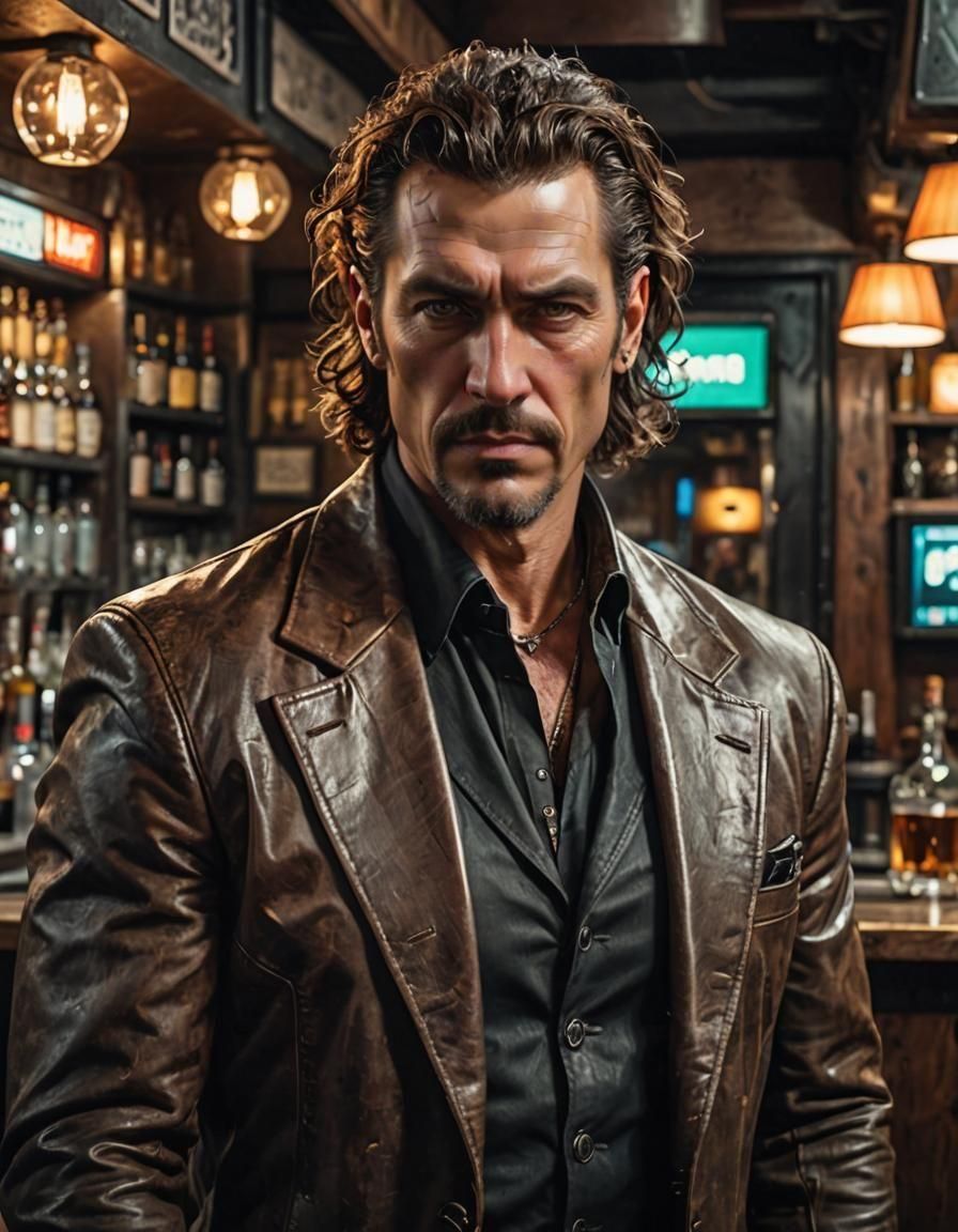 Cyberpunk Bartender with Cowboy Style in Cyberpunk Setting