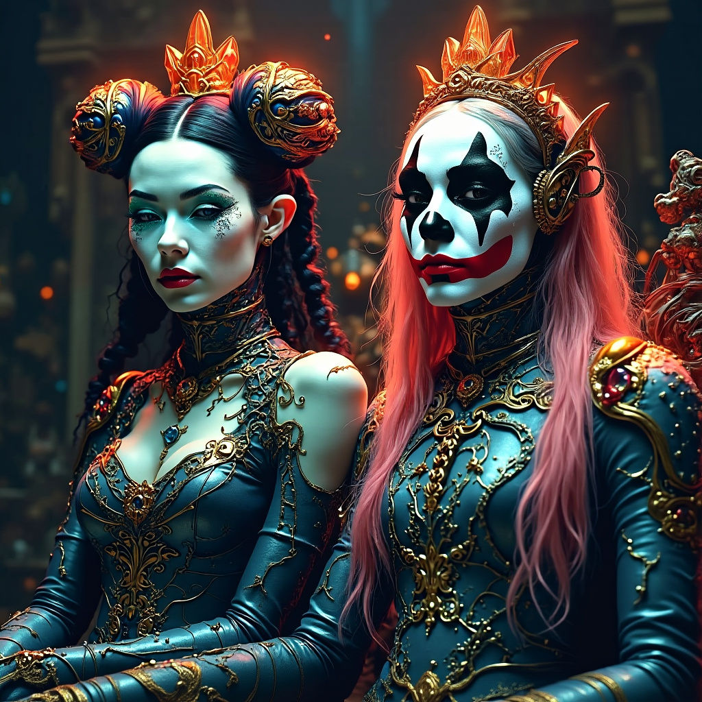 Glitched Cybernetic Circus with King and Queen