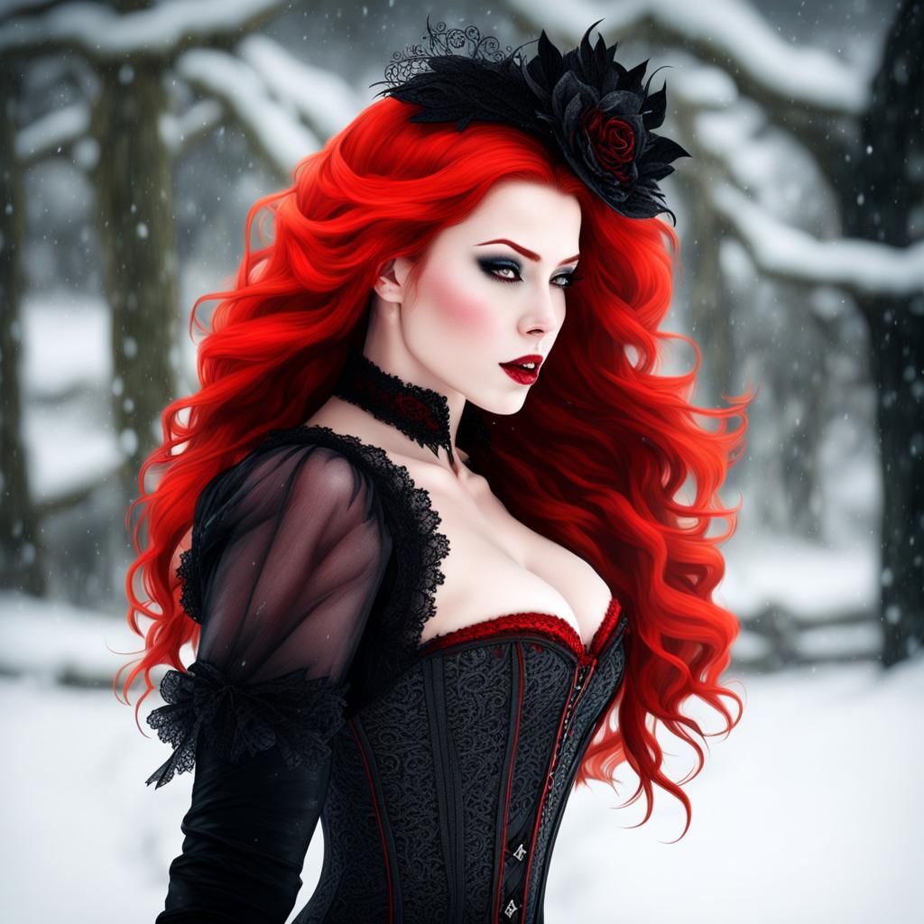 Redhead Vampire in Blizzard, Hyperrealistic Gothic Style