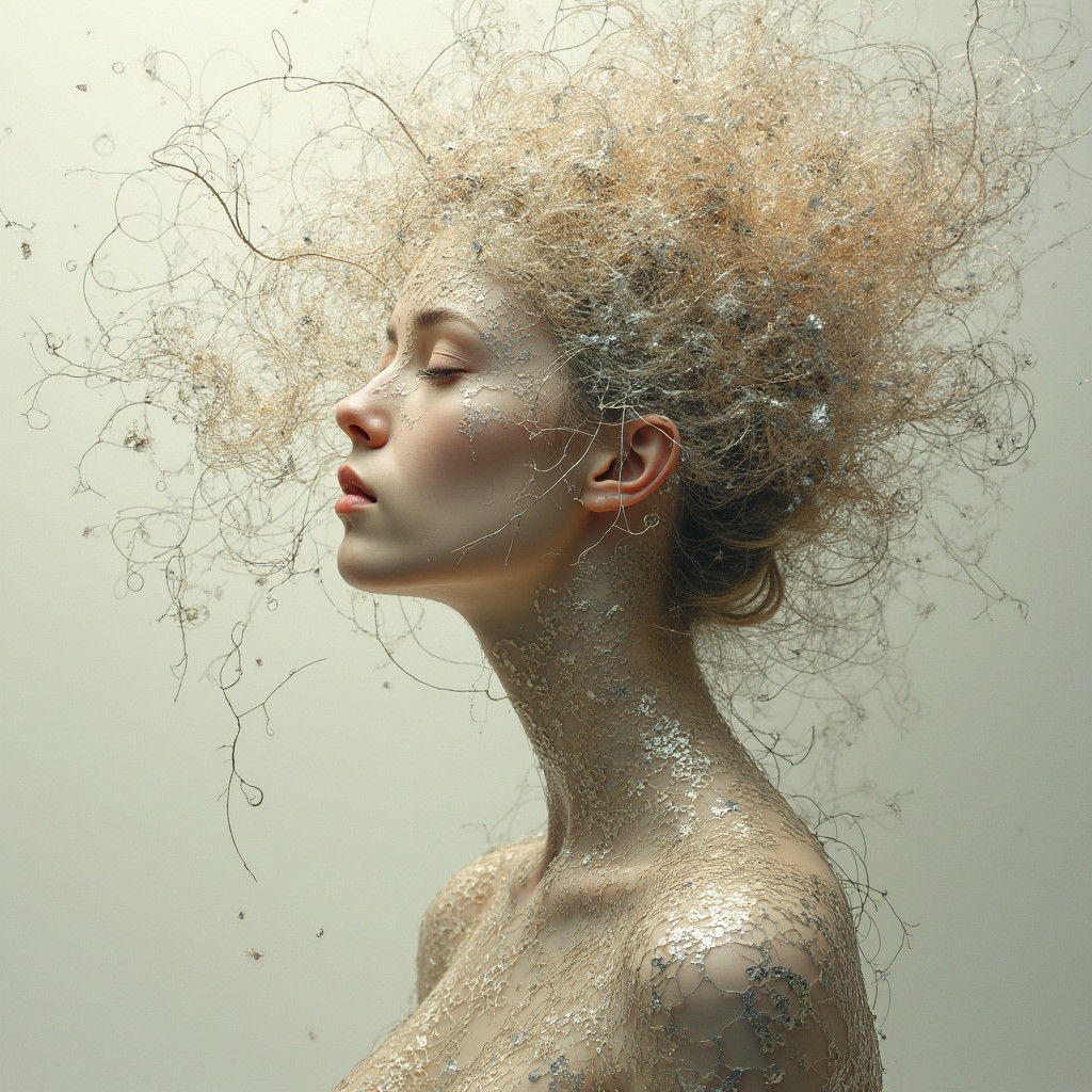 Ethereal Figure in Fractured Filigree, Surreal Art
