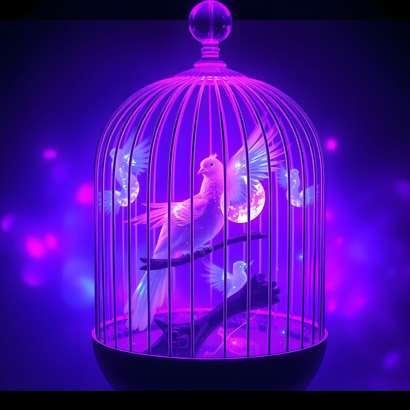 Crystal Birdcage With Ethereal Birds In Vaporwave Style