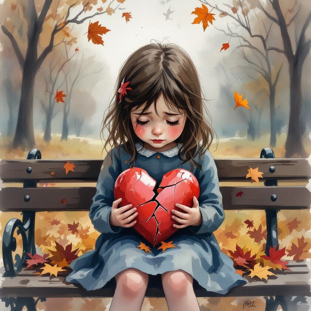 Sad Girl Holds Broken Heart on Autumn Bench