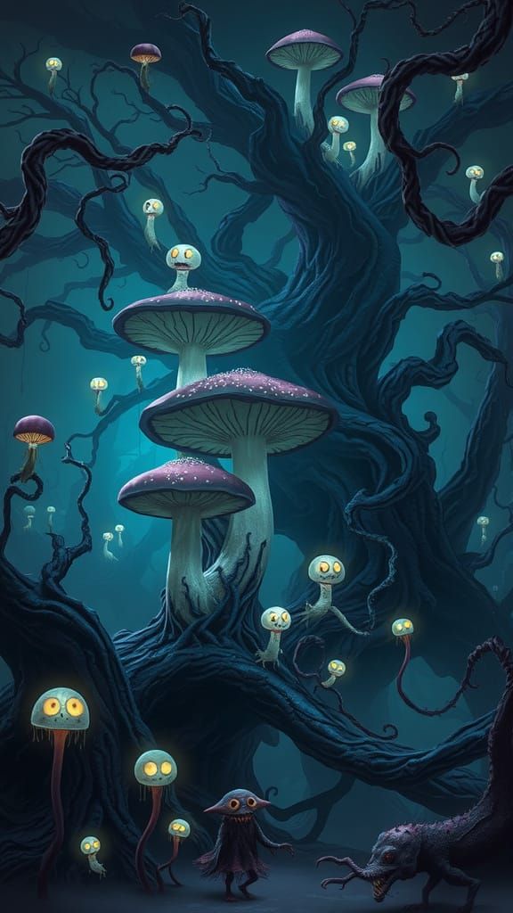 Surreal Gothic Landscape with Bioluminescent Mushrooms