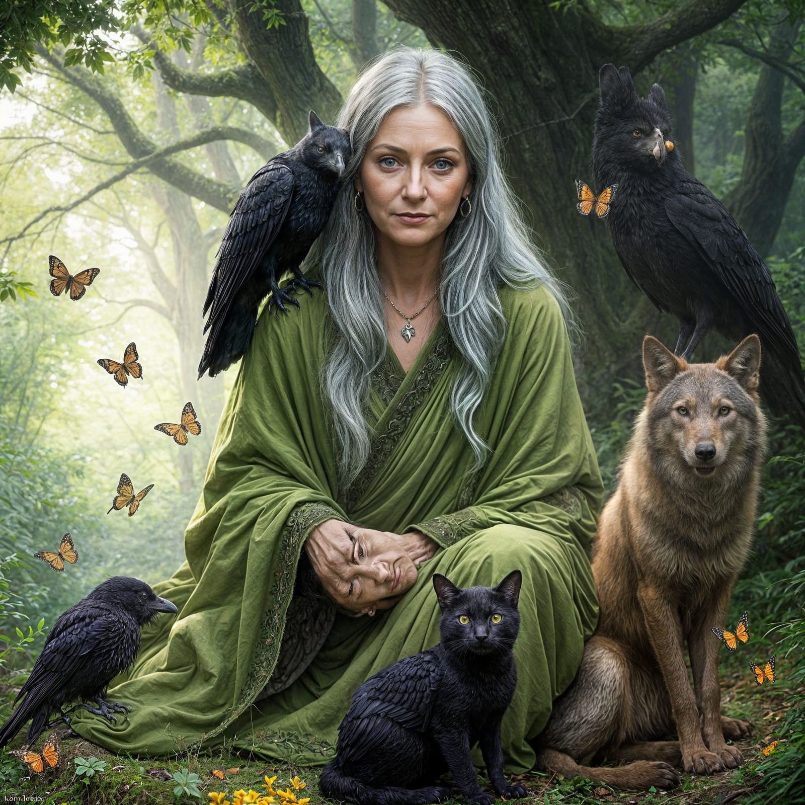 Enchanted Forest Goddess Surrounded by Whimsical Creatures