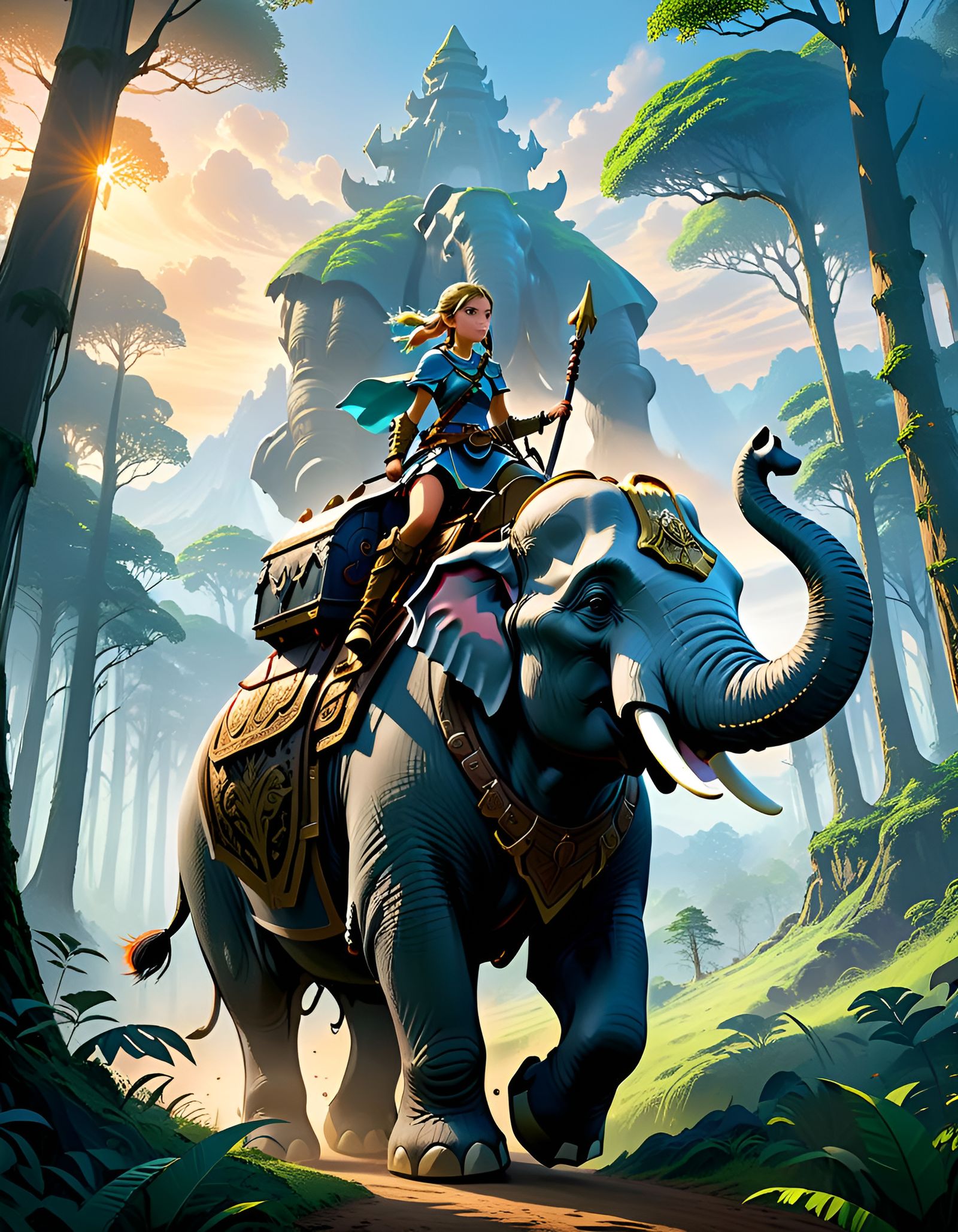 Armored Elephant Ride in Fantasy Landscape