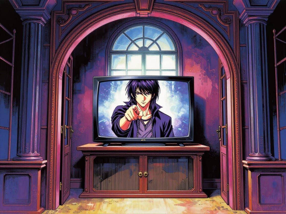 Anime Line Art: Man on TV in Ornate Archway