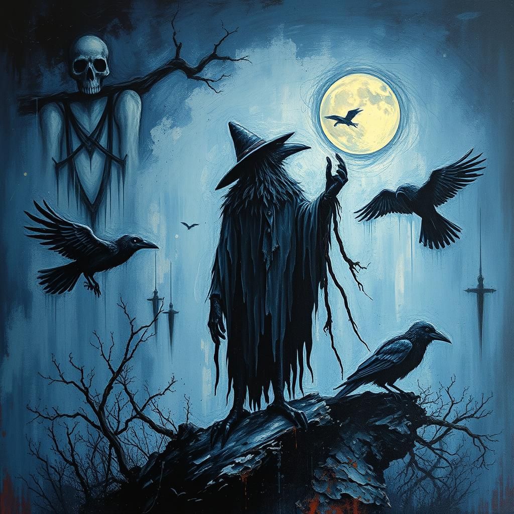 Eerie Scarecrow and Ravens in Dystopian Art Deco Style