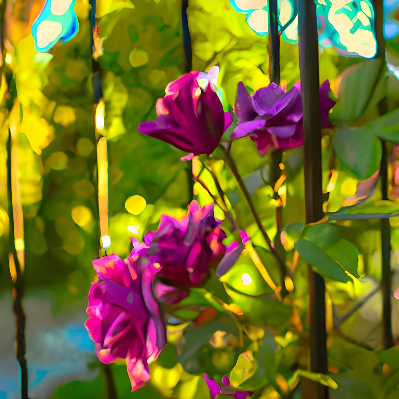 Violet Roses Climbing a Fence in Hyperrealism Style