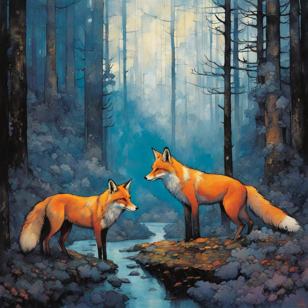 Armored Foxes in Dreamy Light, Detailed Matte Painting