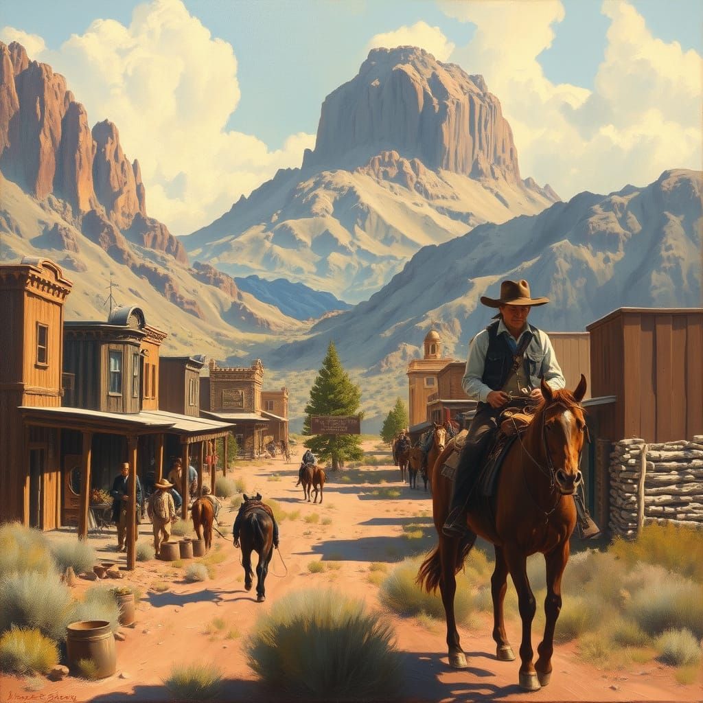 Wild West Oil Painting of a Bustling Frontier Town
