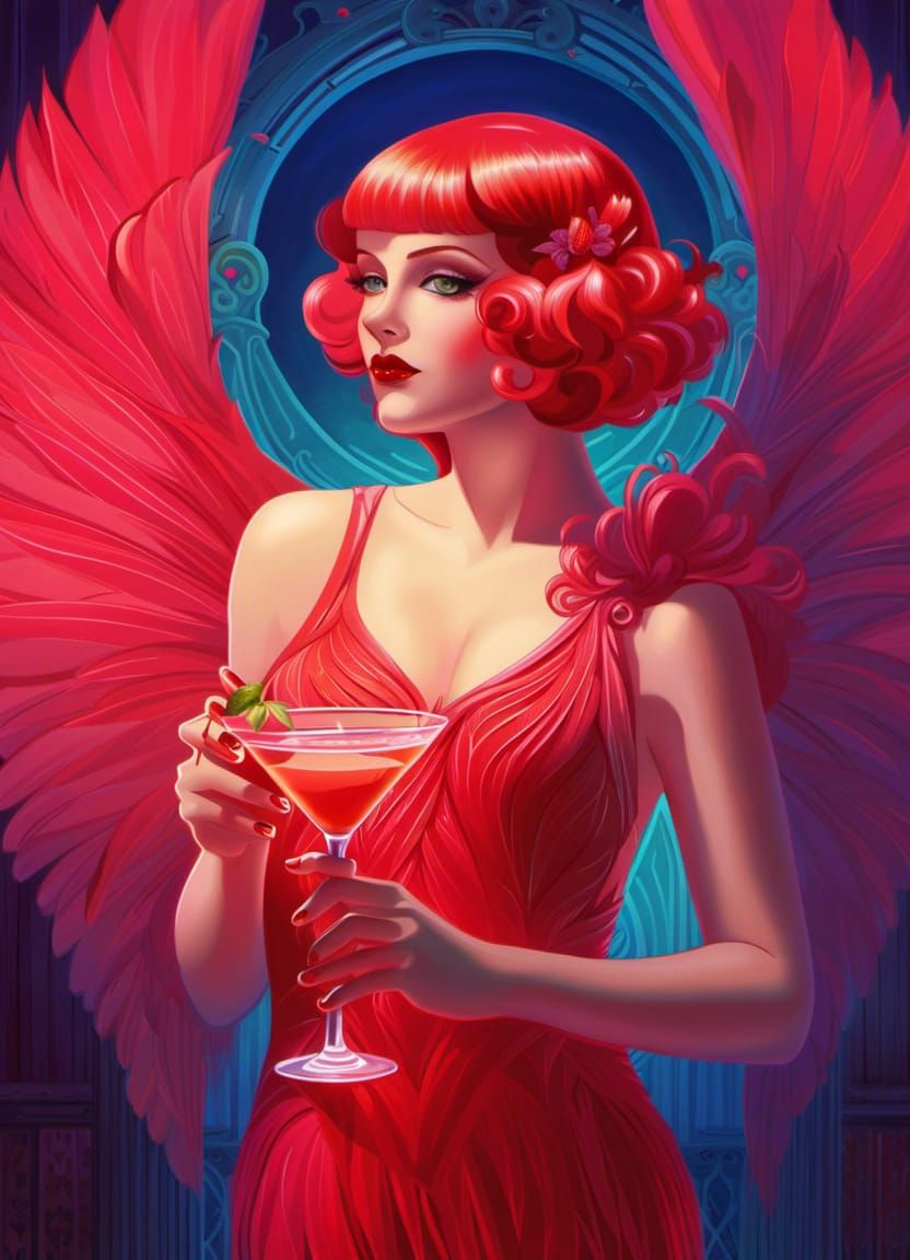 Neon Red Fairy Flapper in Art Deco Style