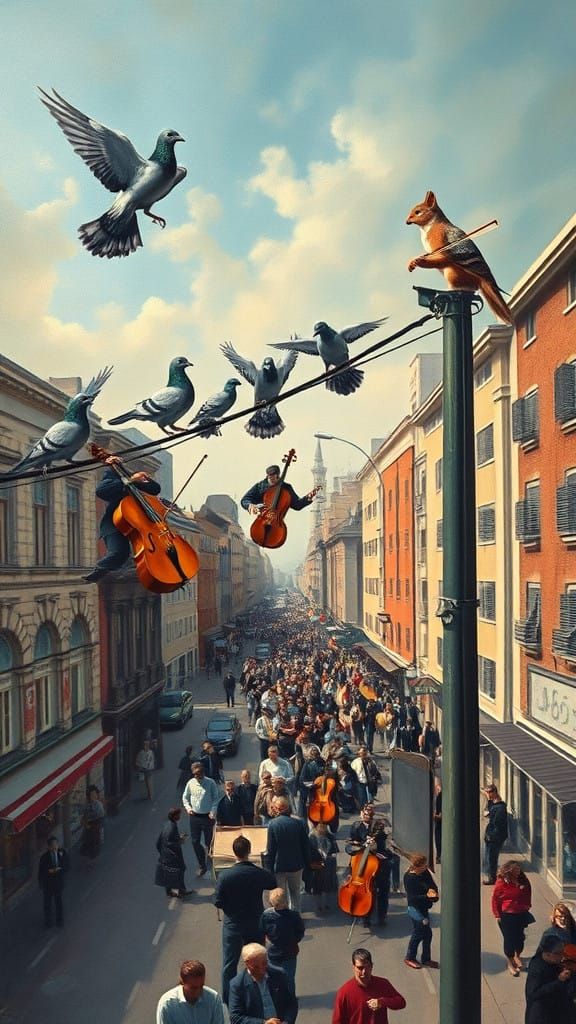 An Orchestra of pigeons performs a symphony on a utility wir...