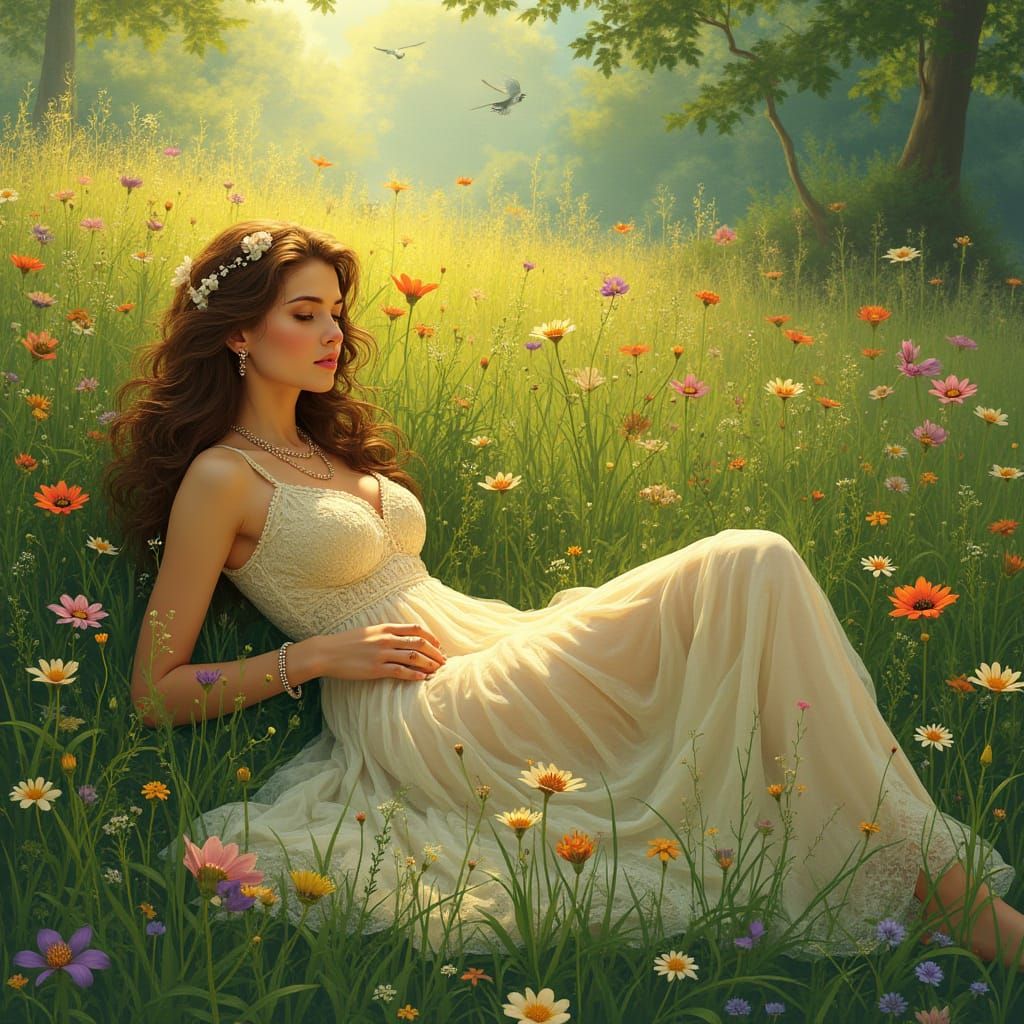 Woman Lounging in Meadow, Art Nouveau Style