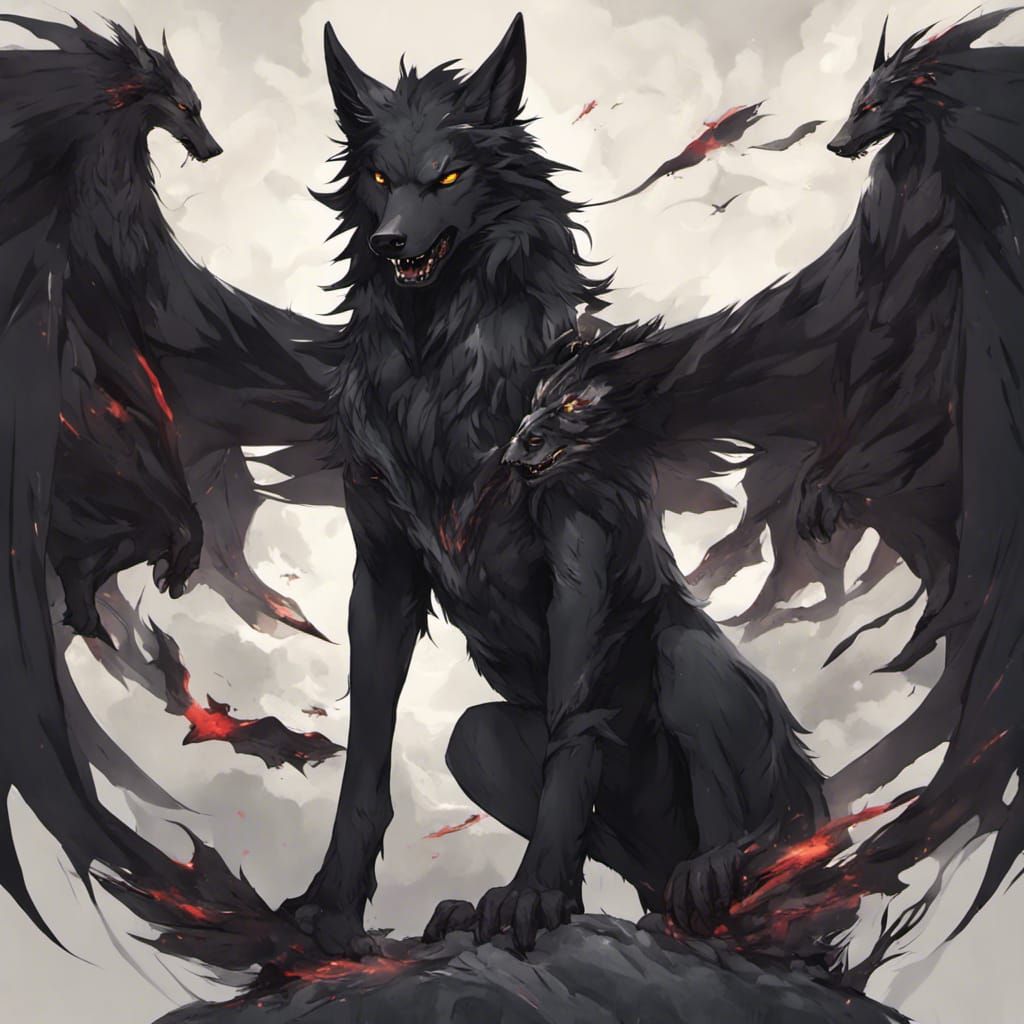 Majestic Black Wolf Dragon Hybrid in Anime Style