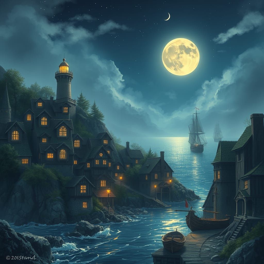 Whimsical Seaside Town with Lighthouse in Anime Style