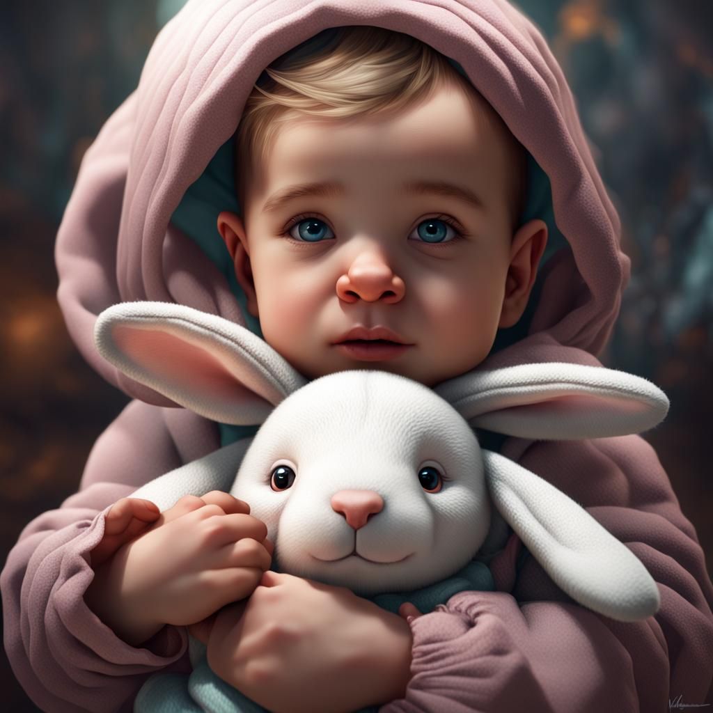 Hyperdetailed Baby Portrait with Bunny, Digital Art