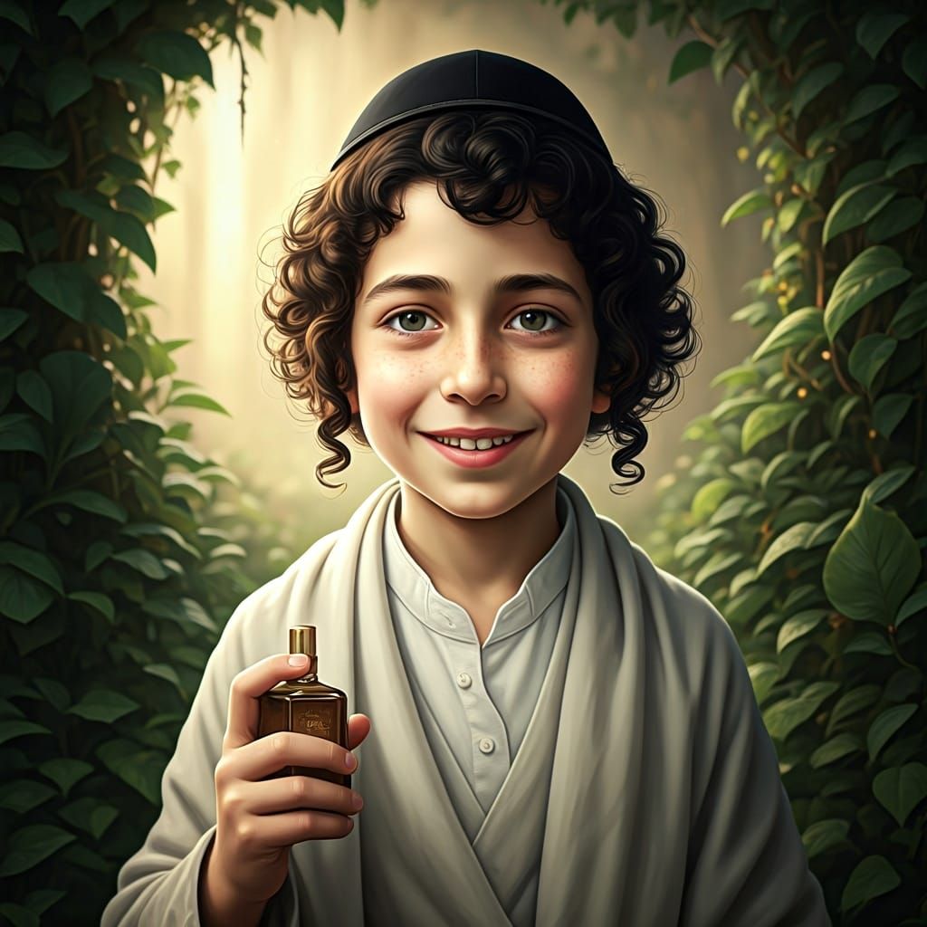 Mystical Jewish Boy Portrait with Scent Spray