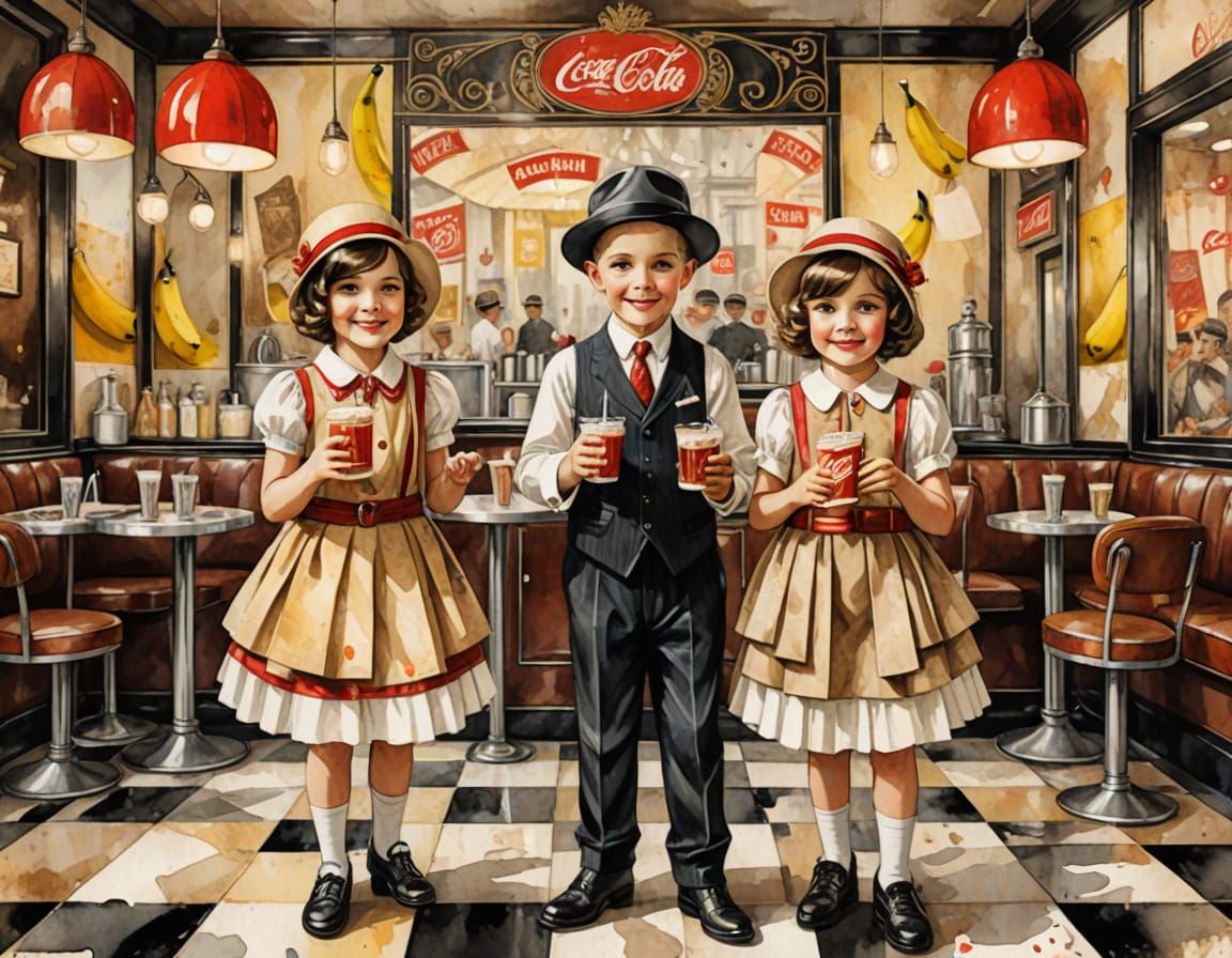 1920s Art Deco Cafe with Children, Mixed Media