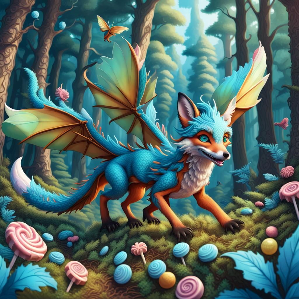 Blue Fox Dragon Flies in Whimsical Candy Art