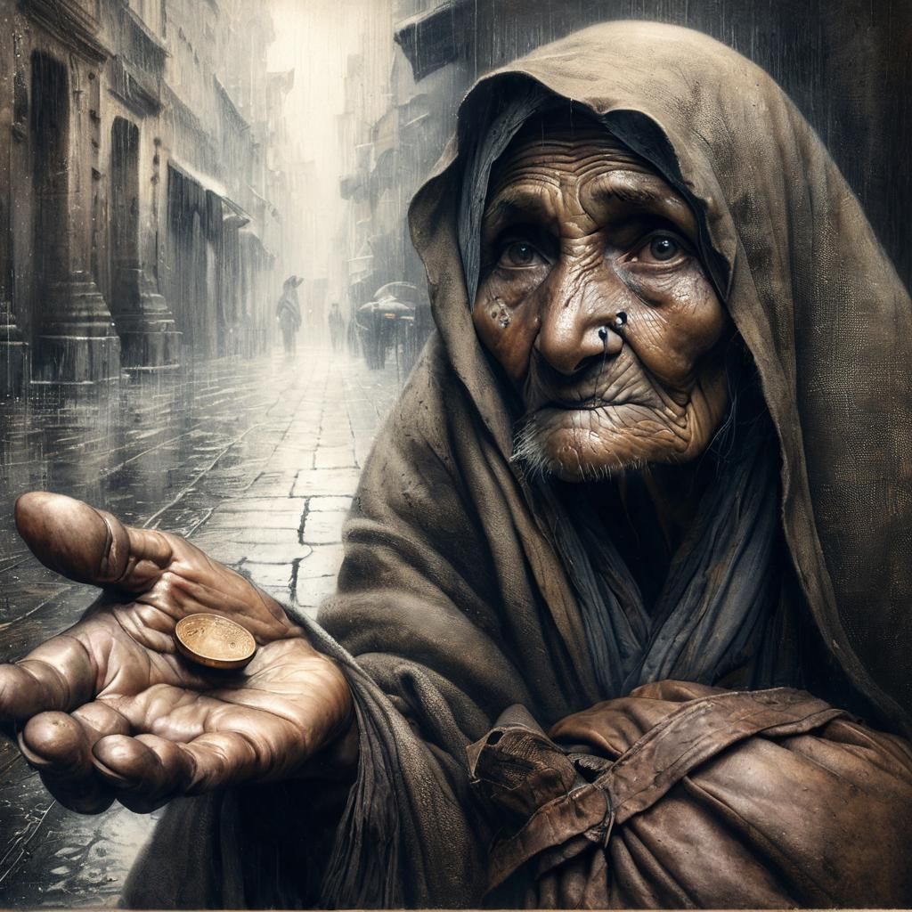 Elderly beggar woman clutching a single copper coin, brows furrowed in determination, hood framing her weathered face as...