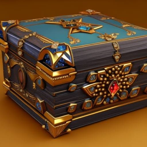 Jeweled Wooden Chest: Hyperrealistic 3D Art