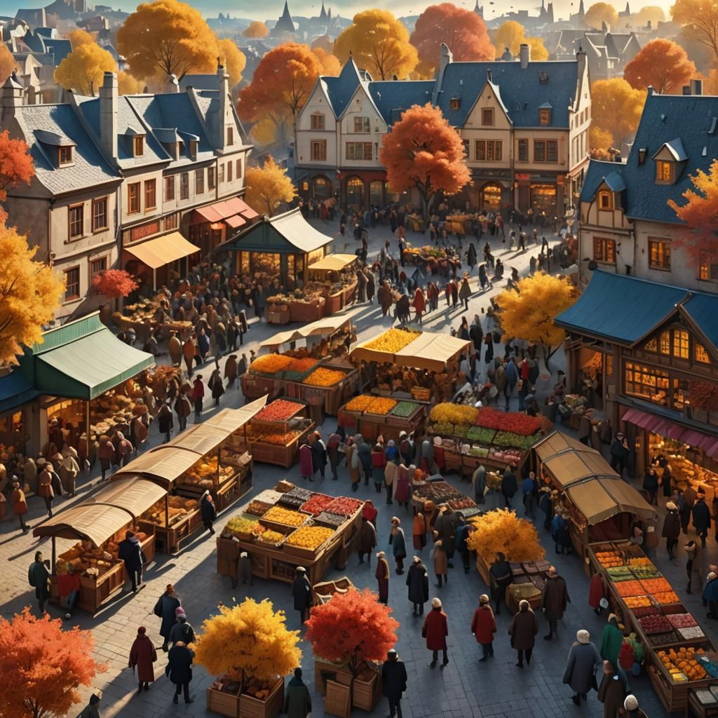 Whimsical Market Scene in Autumnal Colors