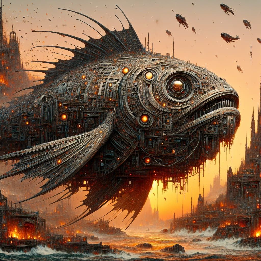 Dystopian Mechanical Fish Creature in Mosaic Style