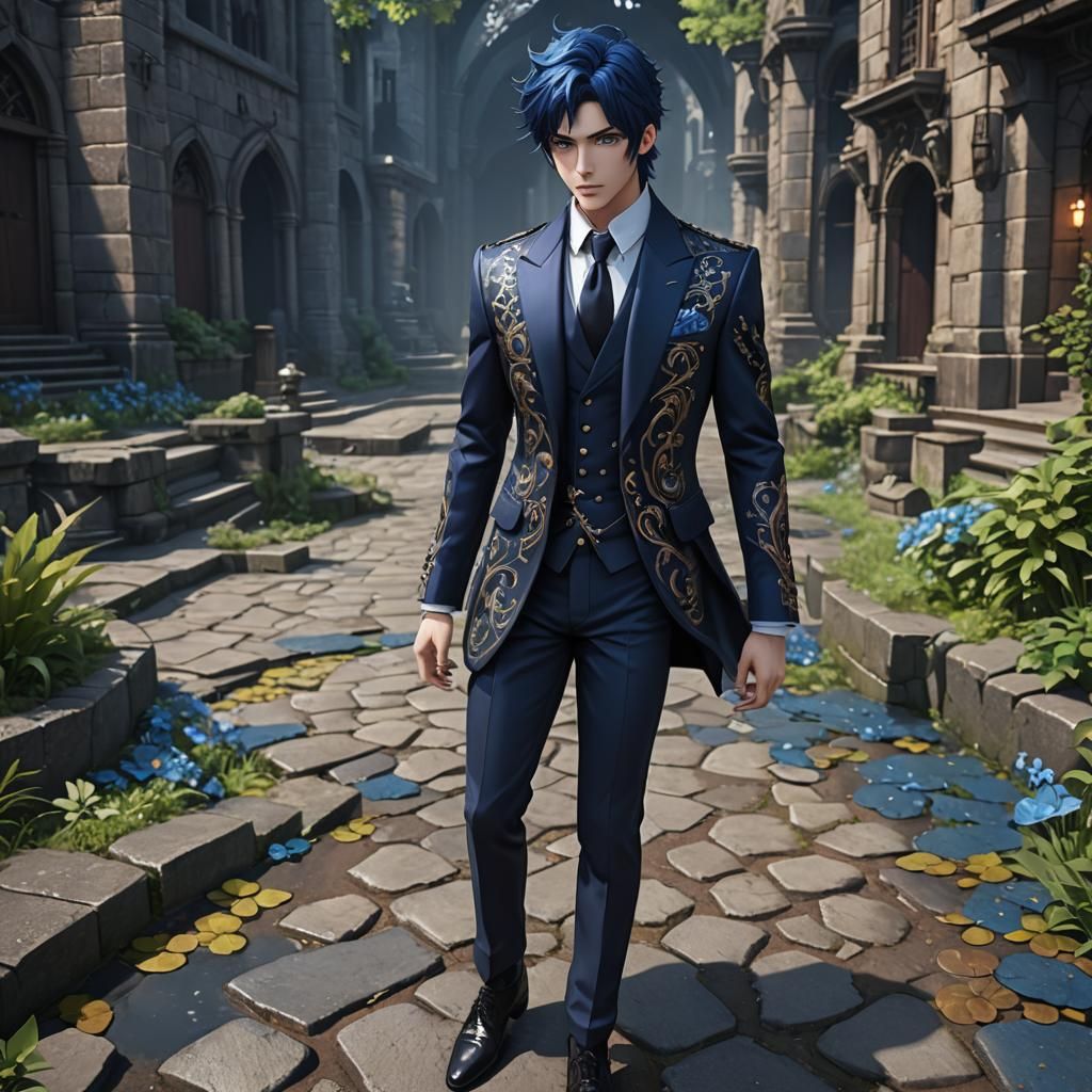 Anime Prince with Blue Eyes in Detailed Suit