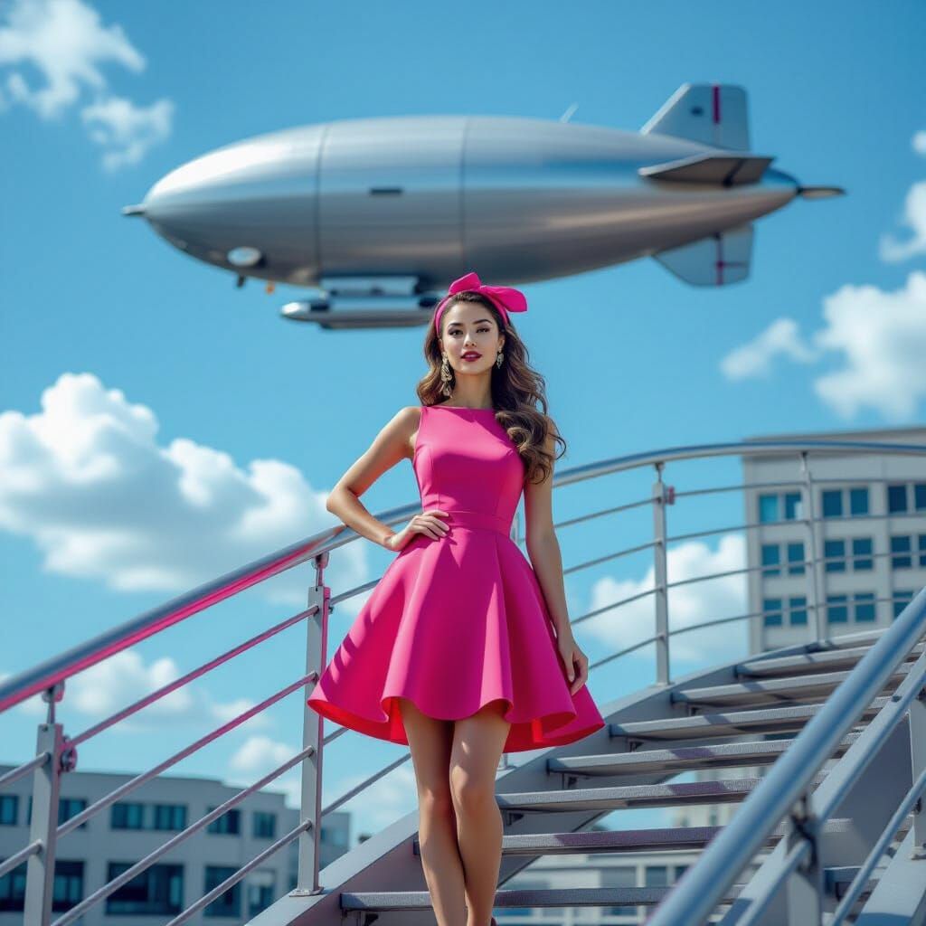 Woman in Pink Poses on Metal Stairs Under Airship