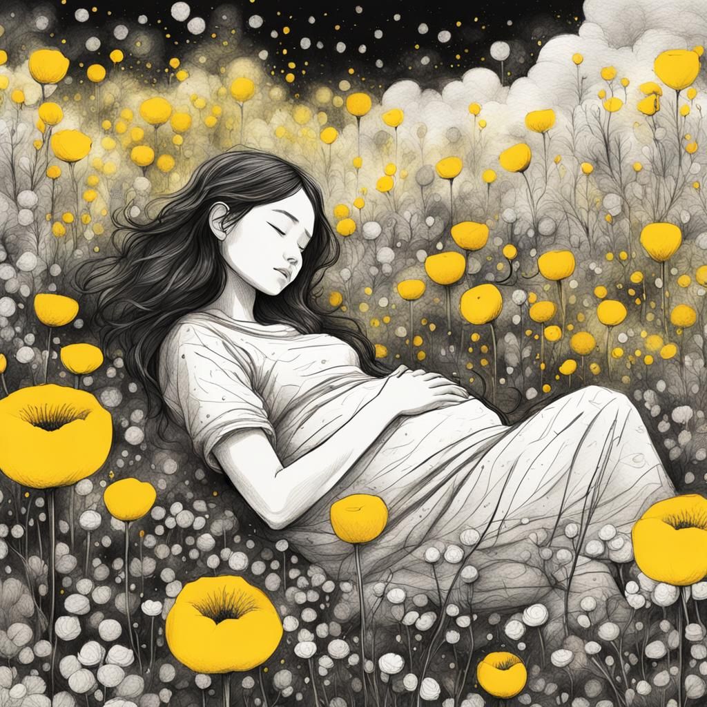 Pregnant Girl in Dream Garden: Minimalist Charcoal Sketch