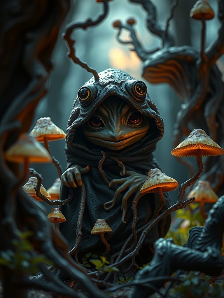 Mischievous Toad Man Lurking in Mystical Forest at Dusk