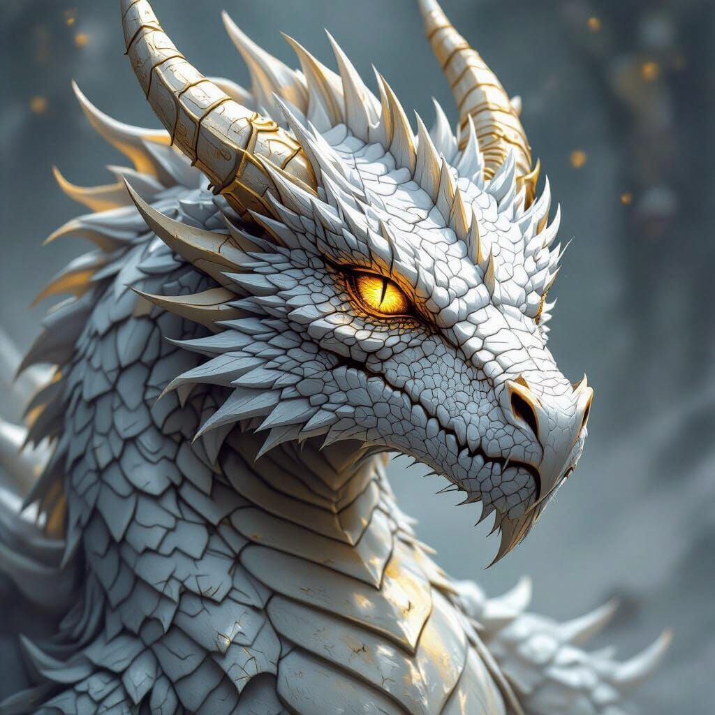 Silver Dragon with Golden Eyes, Fantasy Art