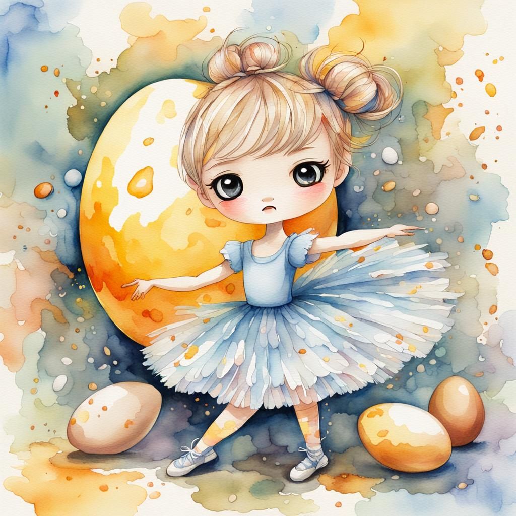 Chibi Ballerina with Angry Egg in Watercolor Style