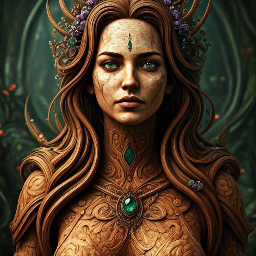 Extremely androgynous italian woman made out of birch wood