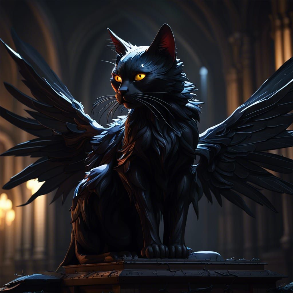 Winged Black Cat in Dark Fantasy Style