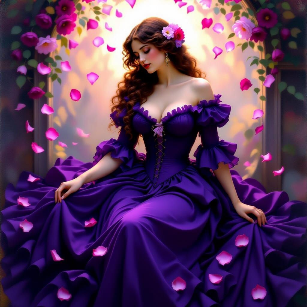 Dreamy Pre-Raphaelite Woman in Purple Dress with Falling Pet...