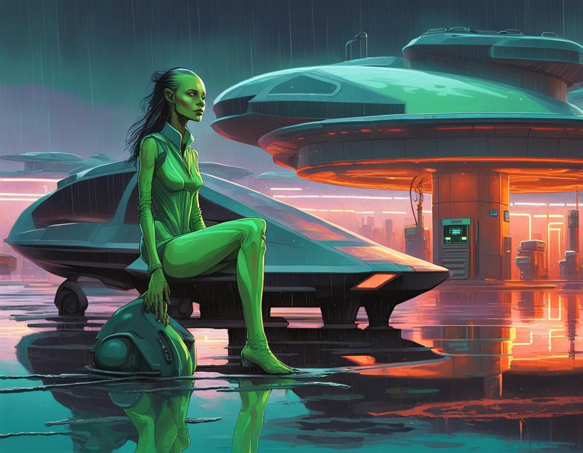 Alien Woman at Futuristic Fuel Station