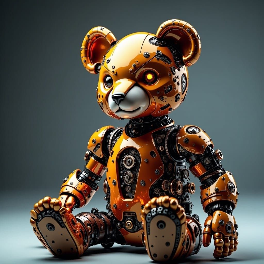 Mechanical Teddy Bear with Glowing Eyes and Gears