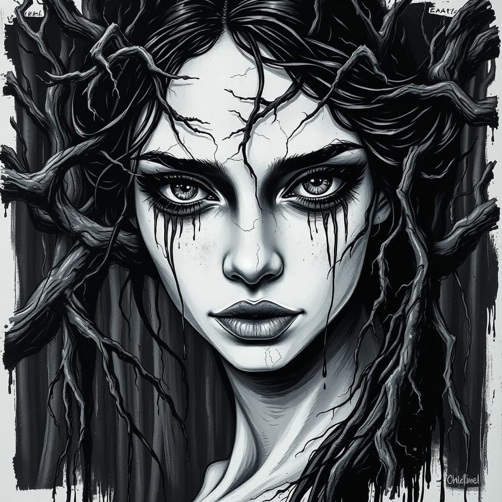 Elegant Woman's Face in Dark Forest, Oil on Canvas Style