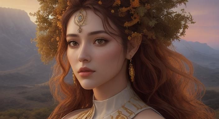 Surreal Woman in Dreamlike Landscape at Sunset