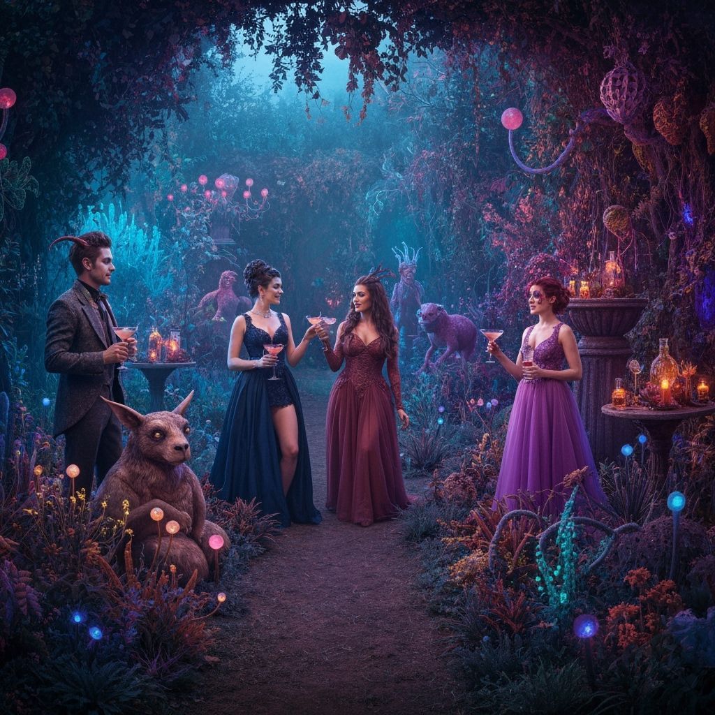 Surreal Garden Party with Dreamlike Creatures