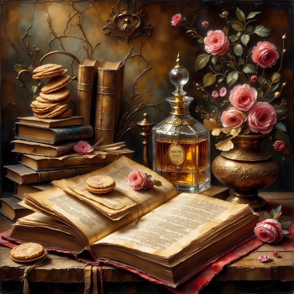 Still Life: Antique Book, Perfume, Biscuits in Oil Painting ...
