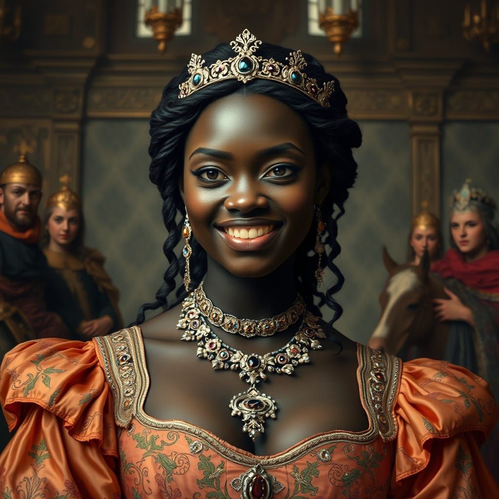 Morgana in Pre-Raphaelite Gown Smiling Enigmatically