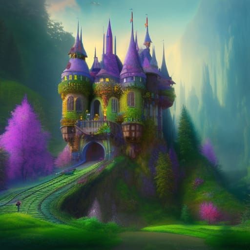 Enchanted Castle with Lush Scenery in Fantasy Art