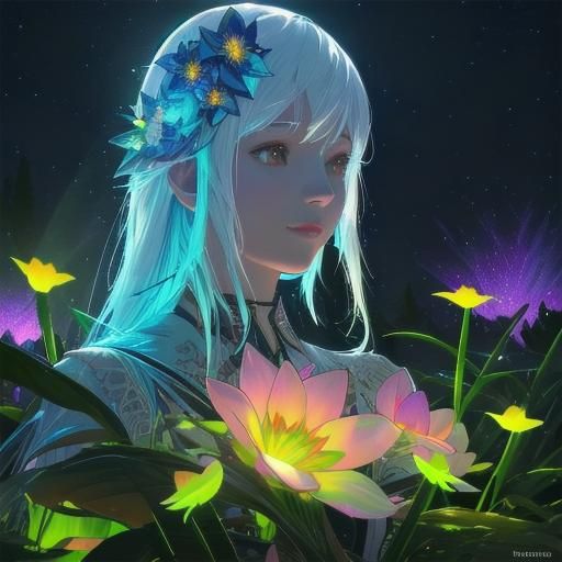 Divine Woman Reflects in Bioluminescent Lake at Night