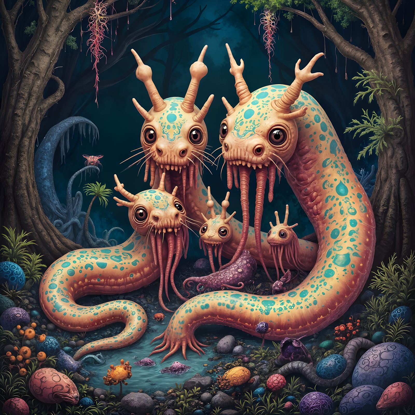 Psychedelic Slugs in Fluorescent Forest, Surreal AI Art