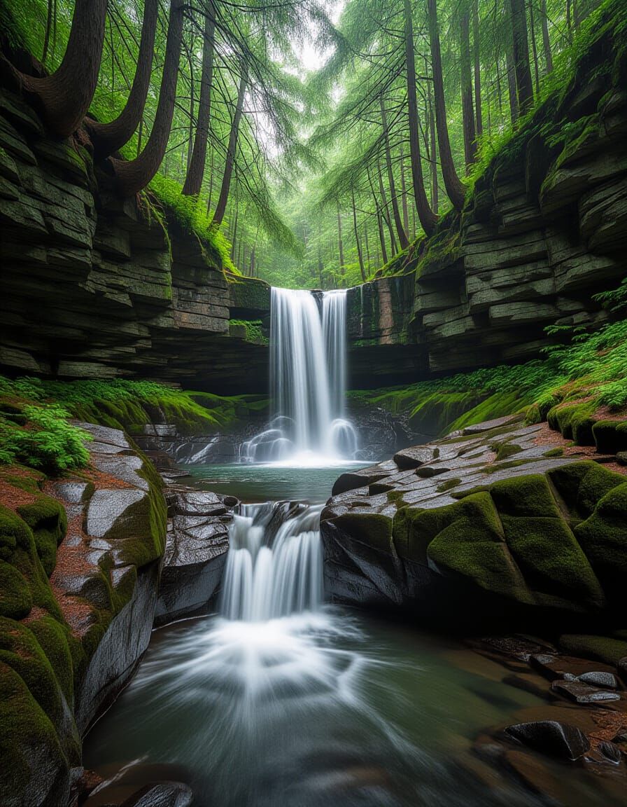 Serene Waterfall Cascading Over Slate Rocks in Woods