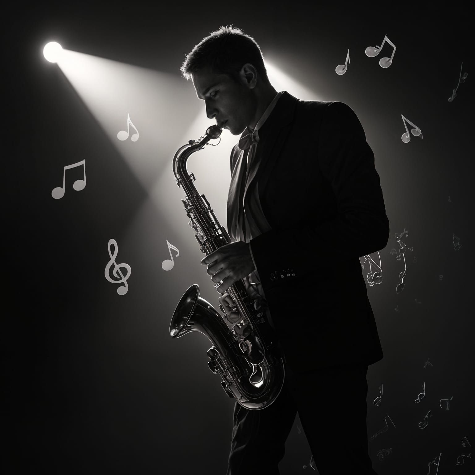 Saxophonist's Silhouette Surrounded by Music Notes