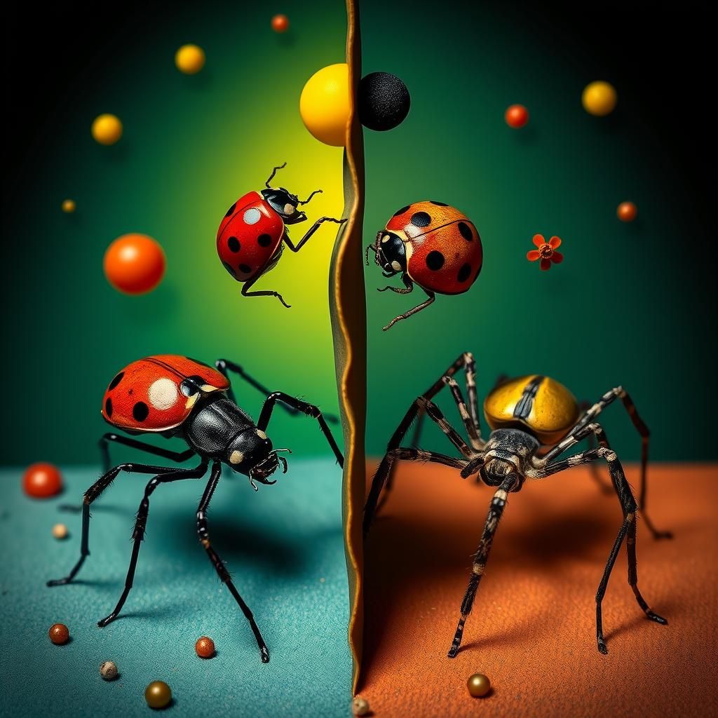 Surreal Ladybugs and Spiders in Modern Art Style